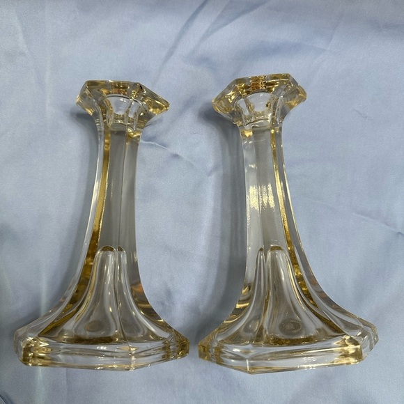 Vintage Crystal Glass Candlestick Holders Set of Two Hexagon Base Flute Design - Picture 7 of 8